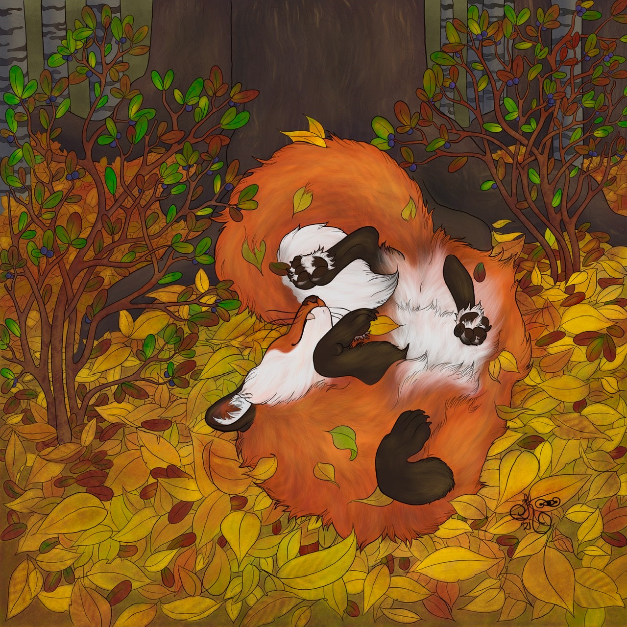 A fox joyfully rolls in a pile of golden leaves at the base of a tree and surrounded by berry bushes.