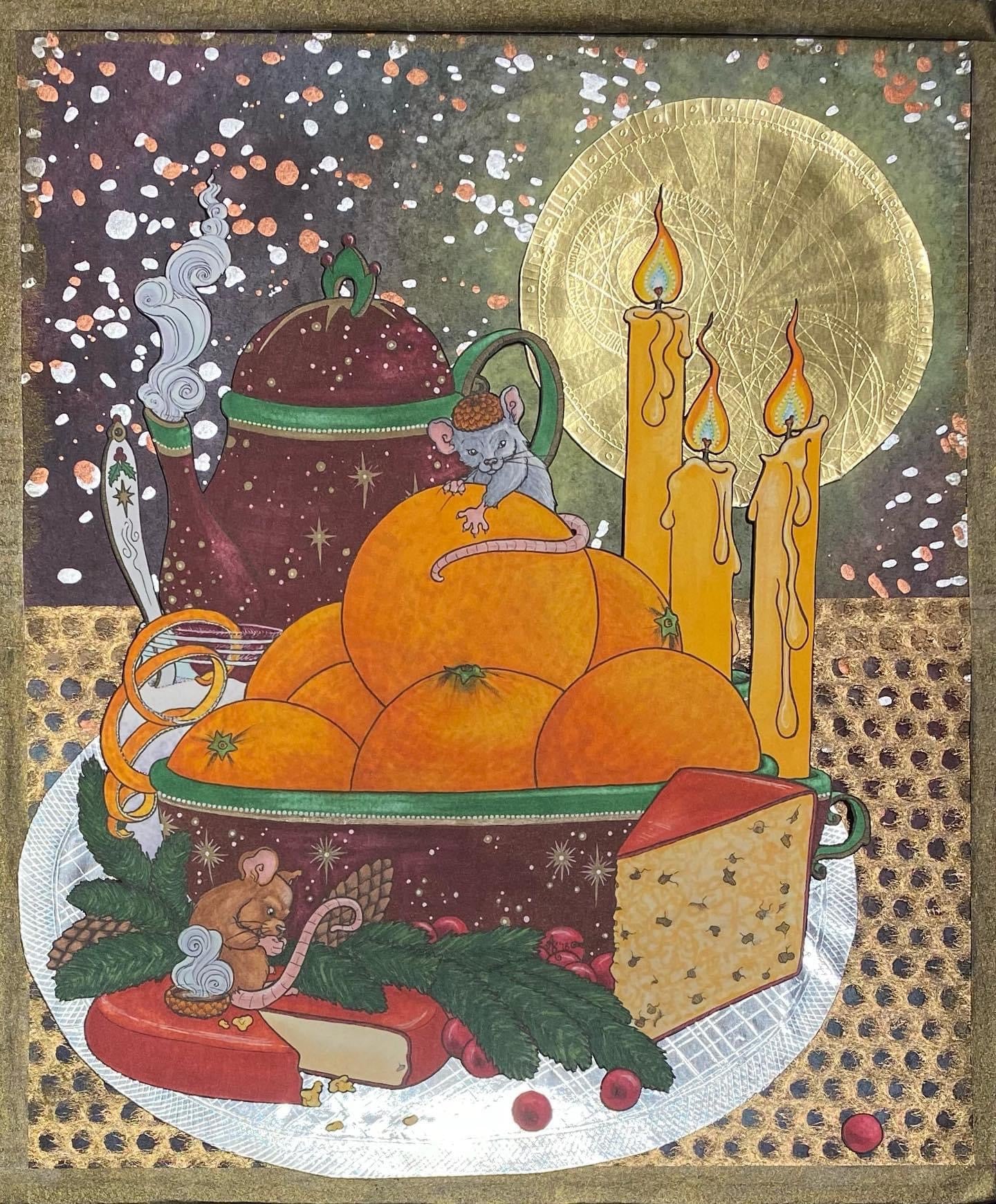 A spread from a tea party including a red tea pot, yellow candles, a bowl of oranges and some cheese adorned a foil table top.  Two mice have helped themselves to the bounty, one rests atop the orange pile, and the other on a red wax round of cheese.